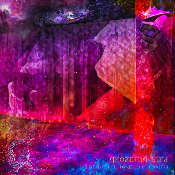 Cover art for Going Forth to Do the Needful: a psychedelic collage in magenta, crimson and violet, with the Groaning Bird mark in the lower left